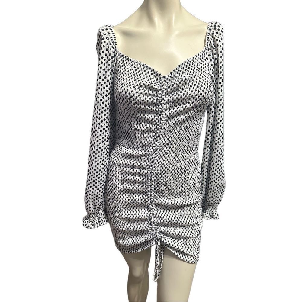 Midnight Doll Women's Long Sleeve Emma Ruched Drawstring Dot Dress Large 🛑